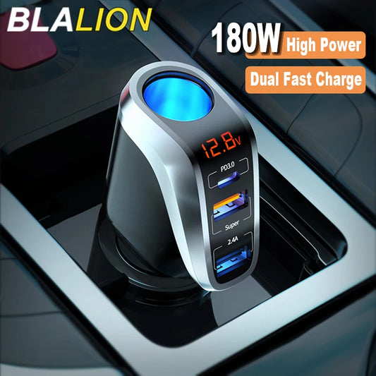 BLALION 180W USB Car Charger Super Fast Charging QC3.0 PD 66W Quick Charge Cigarette Lighter Socket For iPhone Xiaomi Samsung